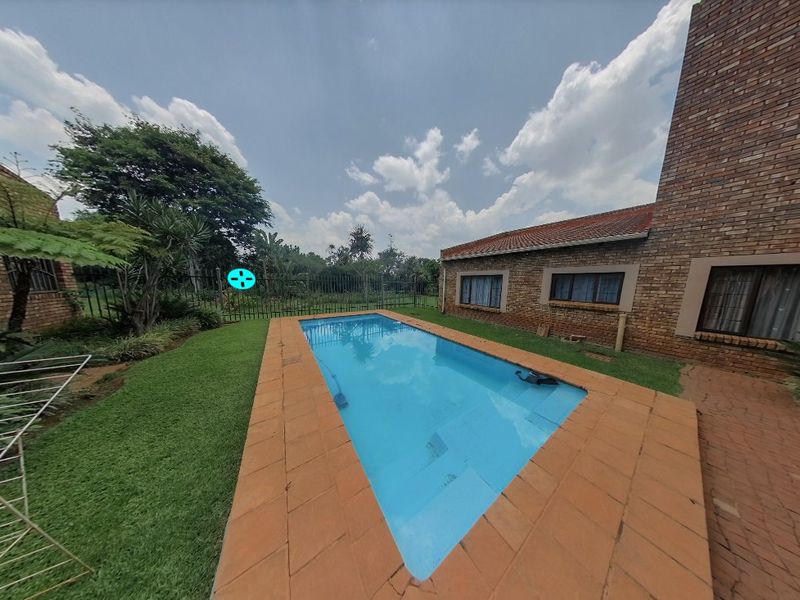 Outdoor pool area featuring a rectangular swimming pool surrounded by brick paving and established garden, set against a face brick residential building.