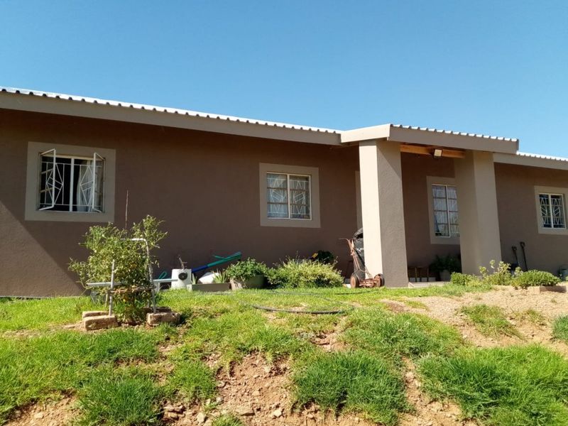 Front elevation of a single-story house featuring a corrugated metal roof, stucco finish, and security bars on the windows.