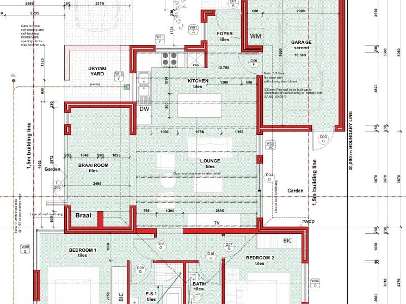 Architectural floor plan detailing the layout of a house including kitchen, lounge, braai room, two bedrooms, bathroom, and garage.