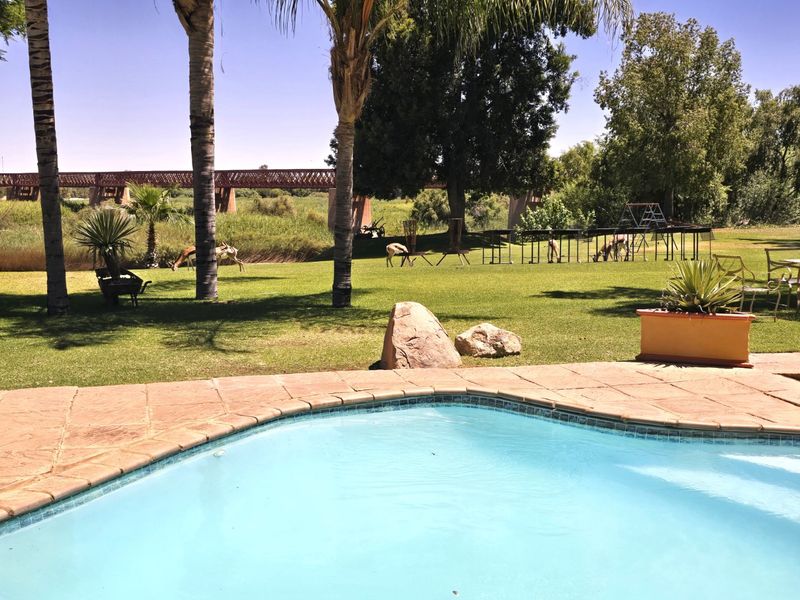A well-maintained swimming pool with a paved deck overlooking a spacious garden area with mature trees and a scenic bridge in the background.