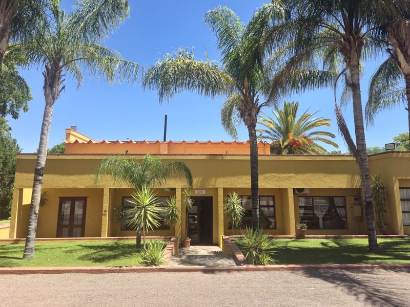 Front elevation of a commercial building featuring a covered entrance, stucco facade, and landscaped garden area with mature palm trees.