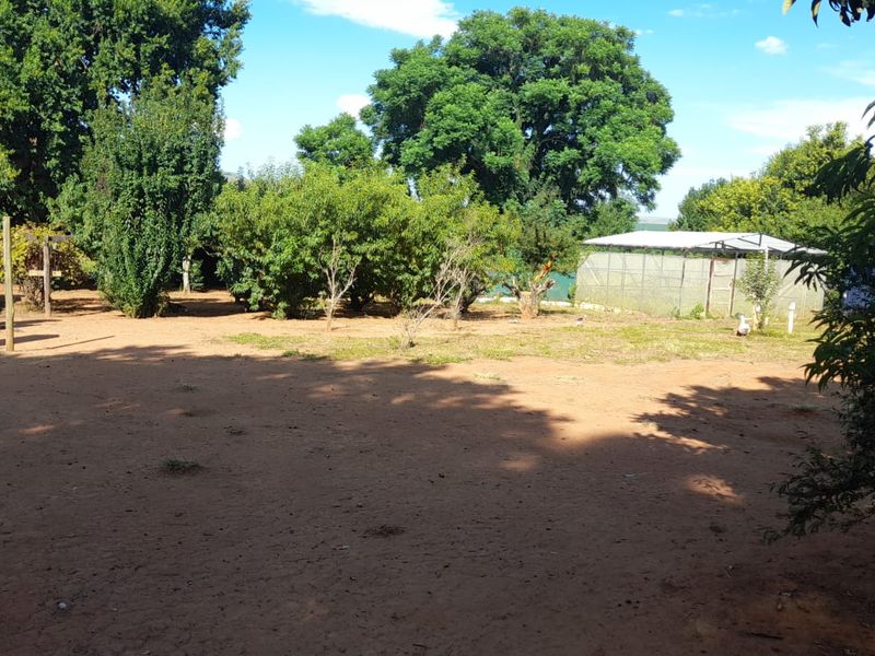 A spacious outdoor garden area featuring mature trees and a small greenhouse structure on the property grounds.