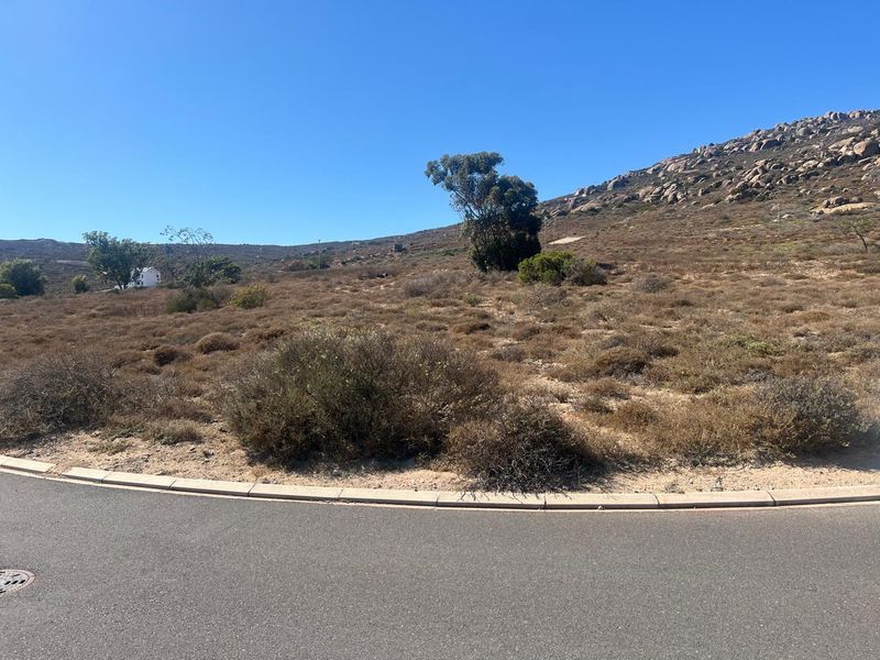 A view of a vacant residential plot from the adjacent paved road, featuring natural vegetation and a hilly landscape.