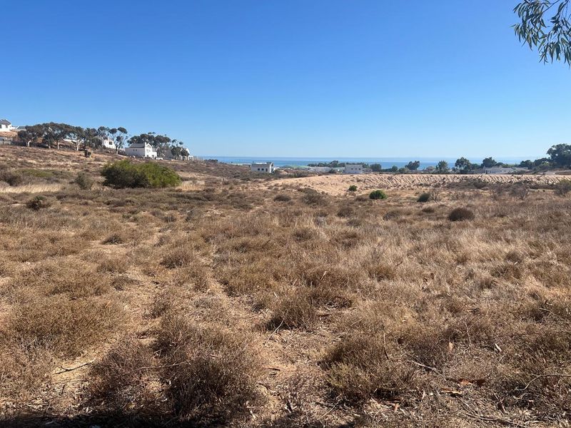 A wide-angle view of the vacant residential land featuring natural coastal vegetation and distant ocean views.