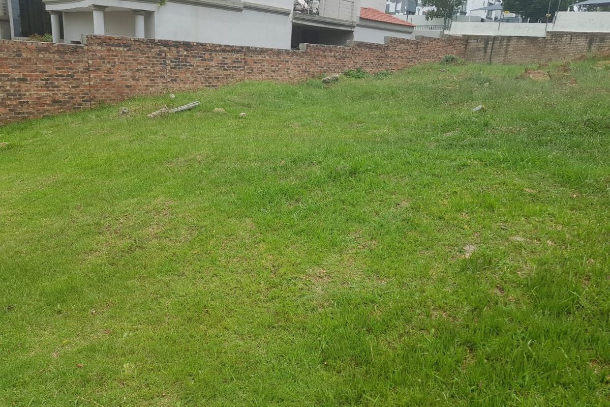 A vacant residential plot featuring a grass lawn and a brick boundary wall, offering a clear space for potential development.