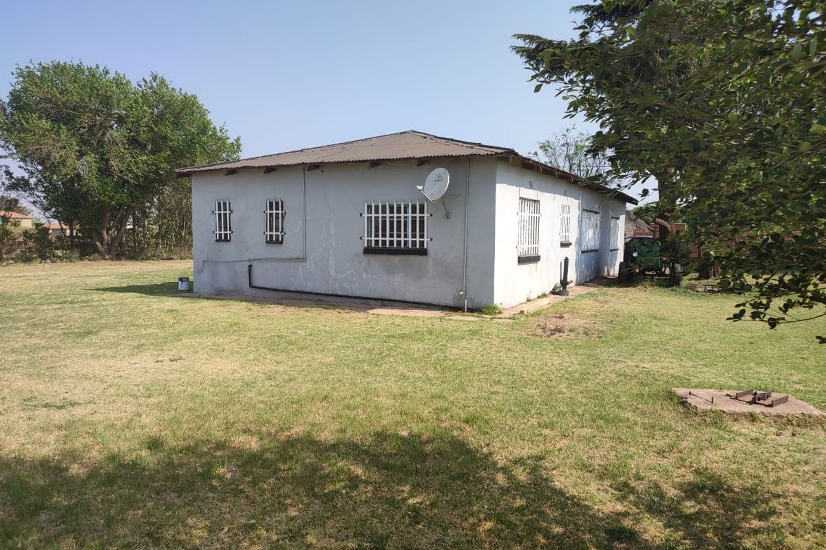 Rear view of a farm dwelling featuring a simple structure with security bars on windows and a corrugated metal roof set on a large plot.