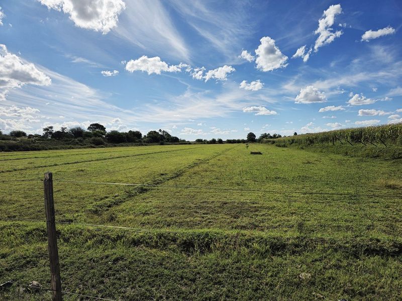 A wide, open agricultural field featuring mown grass, bordered by wire fencing and wooden posts under a clear blue sky.