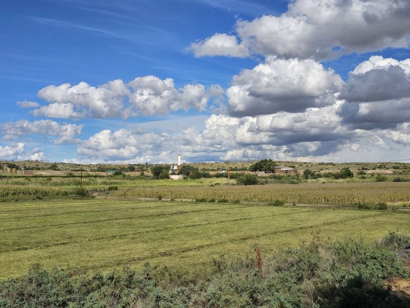 A scenic view of the expansive farm landscape featuring cultivated fields and open grazing land under a bright, cloudy sky.