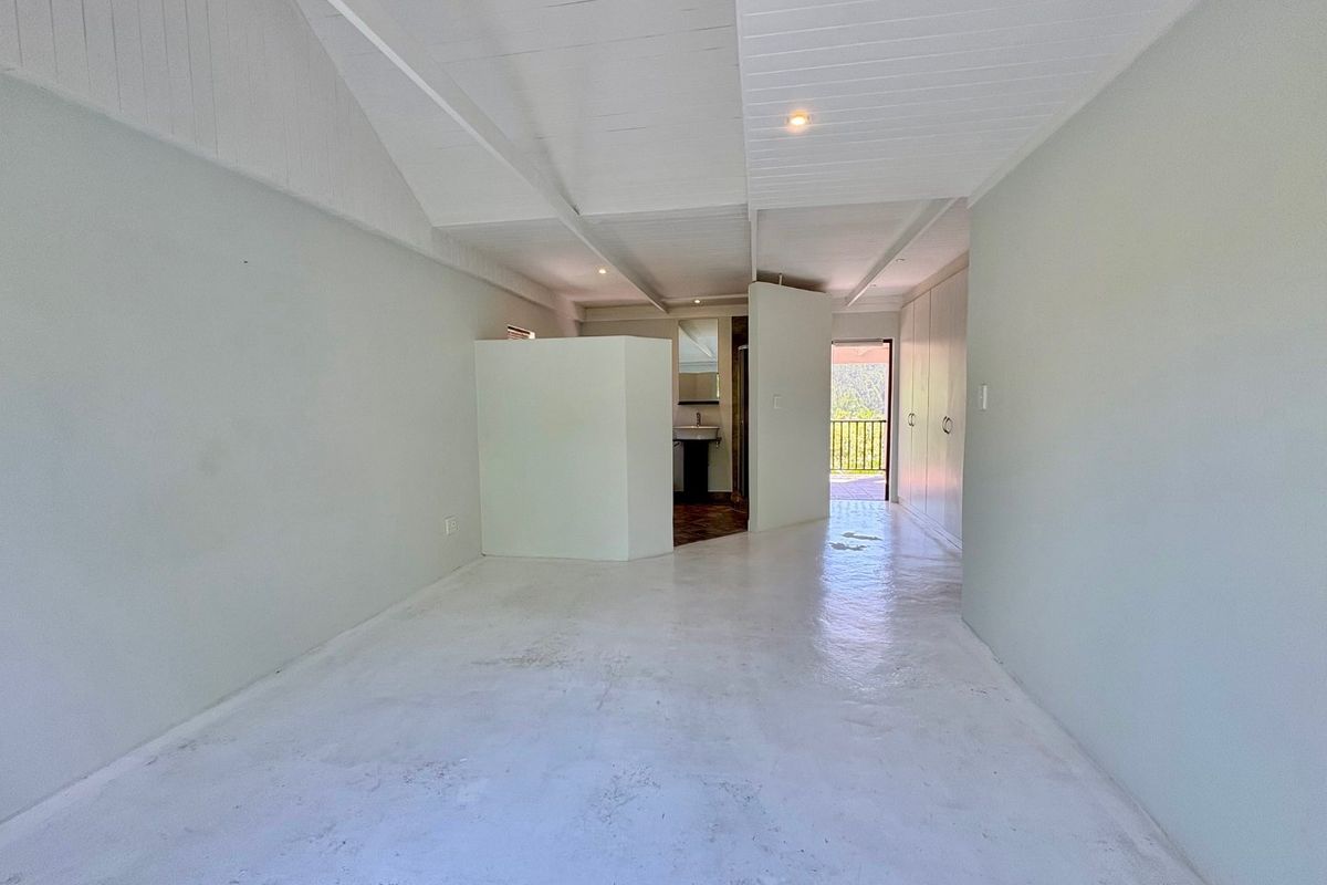 An empty bedroom featuring a vaulted timber ceiling, built-in storage, and an open-plan en-suite area with a pedestal basin and balcony access.