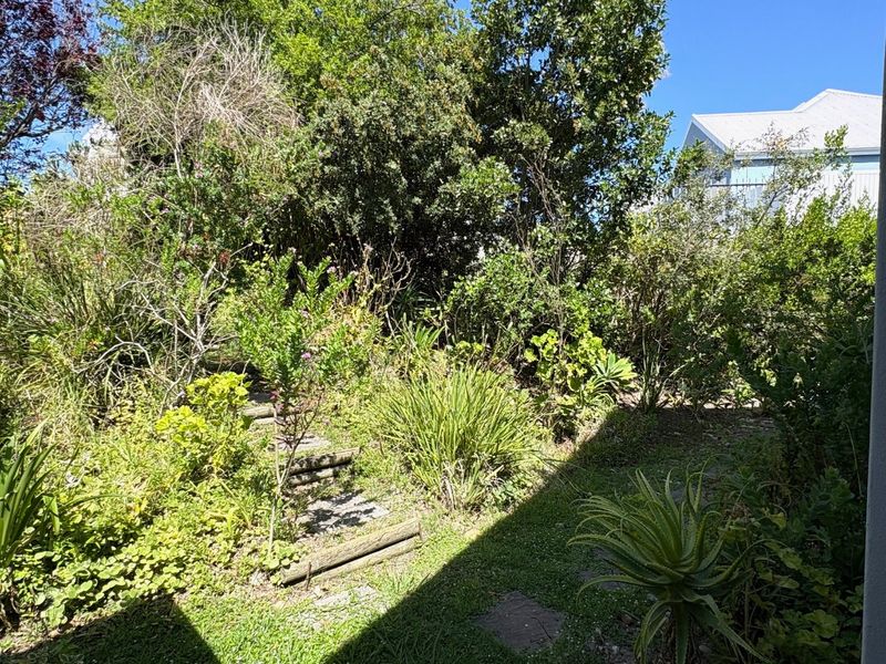 A lush, established garden area featuring timber sleeper steps and stone pathways, offering a natural outdoor setting.