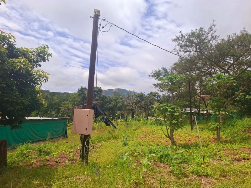 Outdoor area featuring a utility pole with an electrical distribution box and overhead power lines, set within a rural landscape.