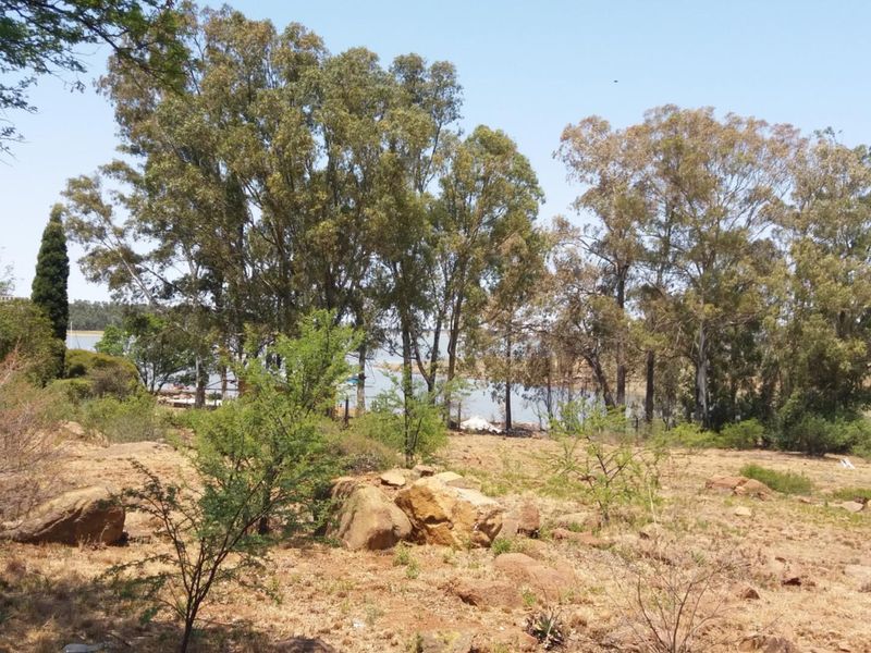 A scenic view of a vacant residential plot featuring mature trees, natural rocky terrain, and proximity to the waterfront.