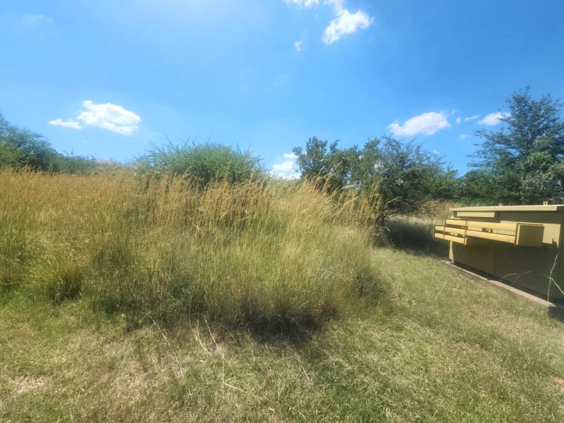 A view of a vacant residential plot featuring natural grass, mature shrubs, and a fixed electrical transformer box.