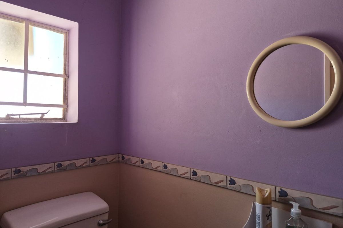A compact bathroom featuring a toilet, wall-mounted mirror, and decorative tile border. The space requires cosmetic updates to modernize the finishes.
