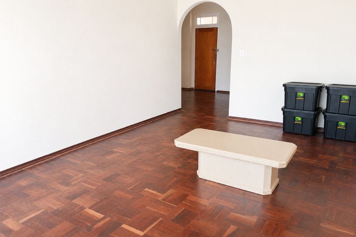 An empty living room featuring classic parquet timber flooring and an elegant arched doorway leading to the entrance.