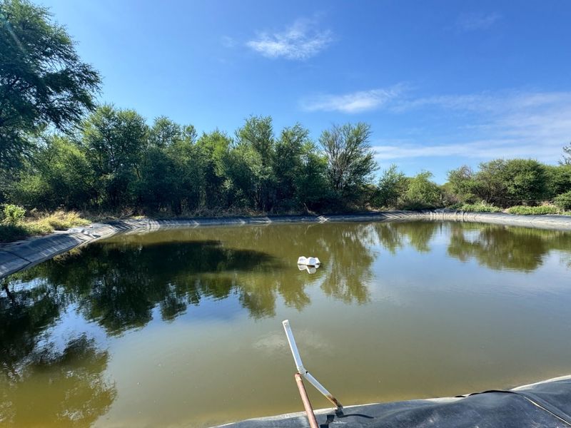 A large lined farm reservoir or water storage dam surrounded by natural vegetation and trees.