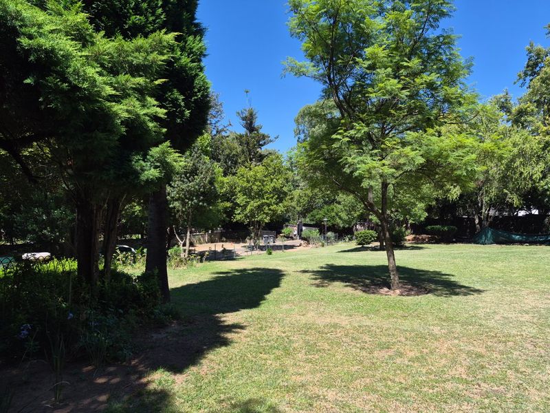 A spacious, well-maintained garden featuring mature trees and a large lawn area, providing a peaceful outdoor setting.