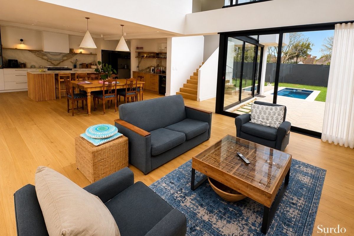 Spacious open-plan living area featuring a modern kitchen, hardwood flooring, and large sliding glass doors that open to a private pool and garden.