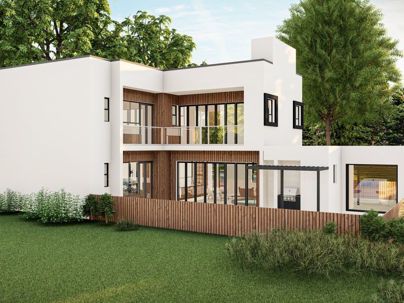 Modern two-story residential exterior featuring timber cladding, expansive sliding glass doors, a glass balcony, and a private rear garden with a pergola.