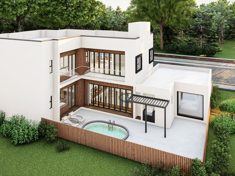 Aerial view of a modern two-story house featuring a swimming pool, patio with pergola, built-in braai, and contemporary timber and white facade finishes.