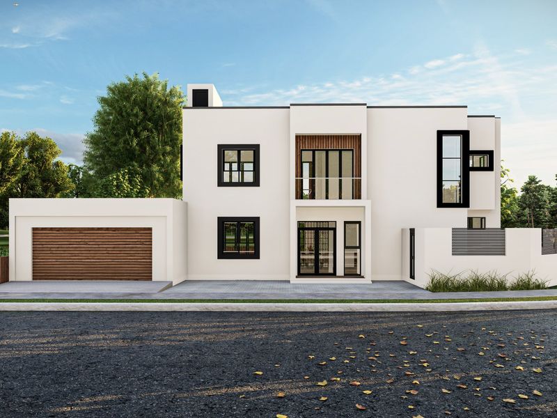 Modern two-story residential facade featuring clean lines, a integrated garage, balcony, and contemporary window framing.