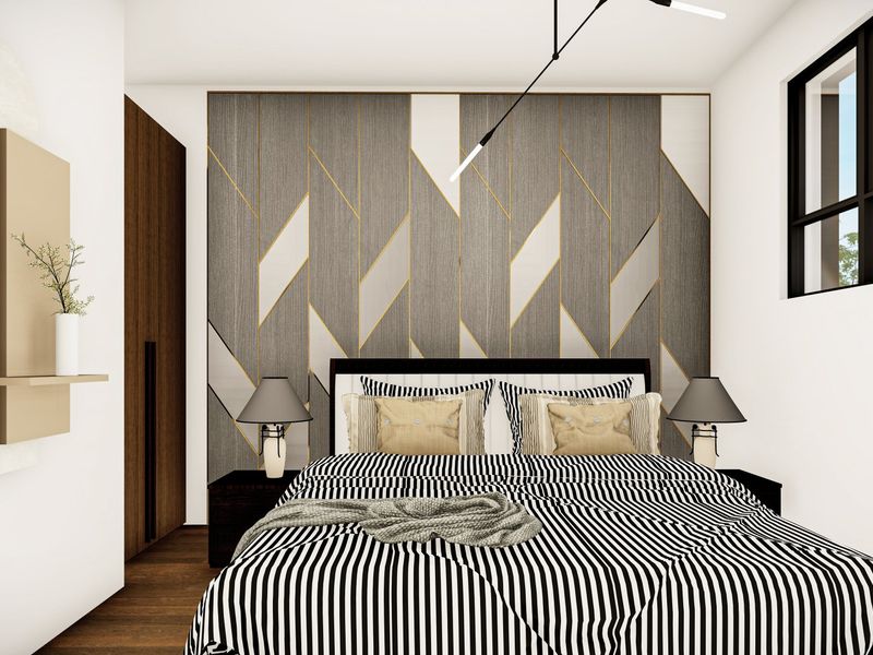 A modern bedroom featuring a striking geometric accent wall, built-in wardrobe, and contemporary lighting fixtures, creating a sophisticated and well-designed sleeping space.