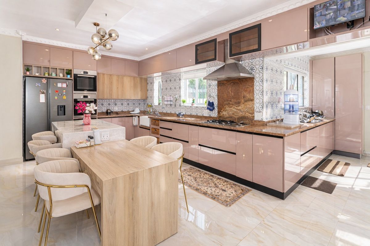 Modern kitchen featuring high-gloss cabinetry, stone countertops, integrated appliances, and a central island with an attached dining table.
