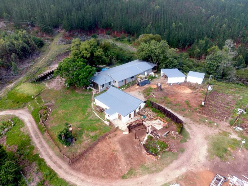 Aerial view of a farm property featuring multiple buildings with metal roofs, a swimming pool, and surrounding rural landscape.