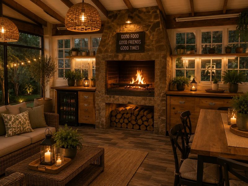 A beautifully appointed covered patio featuring a large stone fireplace, built-in cabinetry with integrated beverage cooler, and warm ambient lighting.