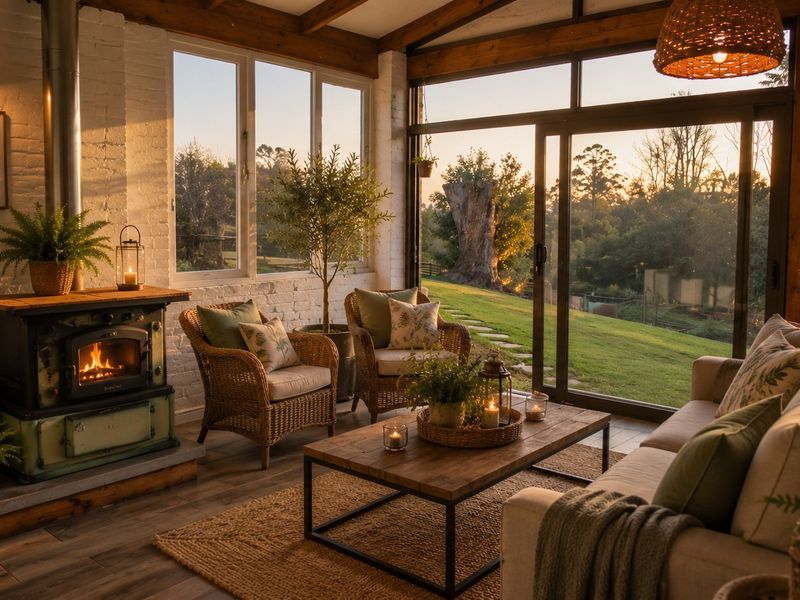 A cozy, well-lit living room featuring a wood-burning stove, exposed timber beams, and large glass doors offering scenic views of the surrounding farm landscape.