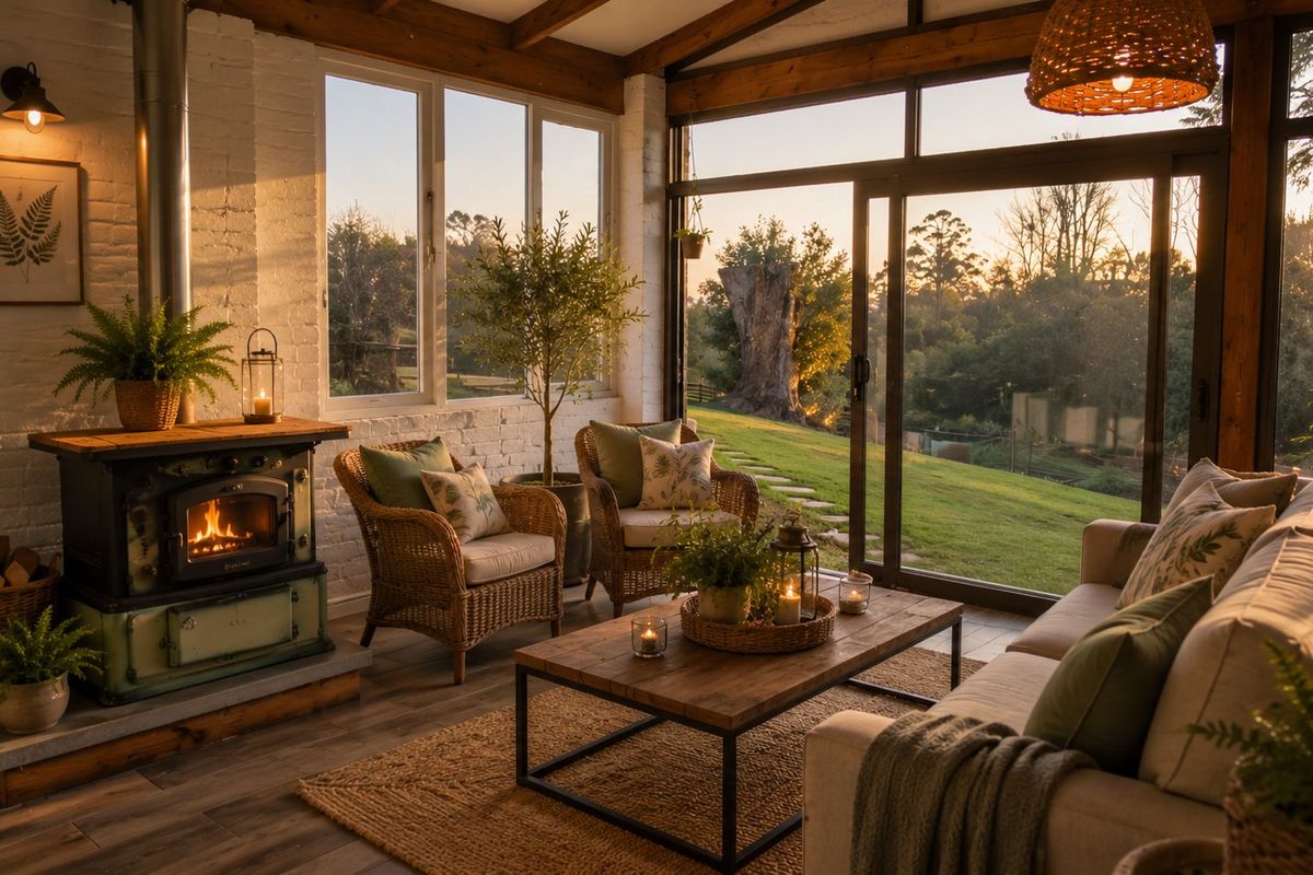 A cozy, well-lit living room featuring a wood-burning stove, exposed timber beams, and large glass doors offering scenic views of the surrounding farm landscape.