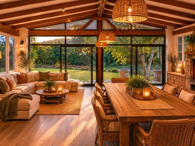 Spacious open-plan living and dining area featuring exposed timber beams, a stone fireplace, and large glass doors opening to a scenic garden view.