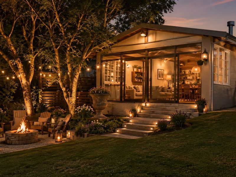 Beautifully landscaped rear garden featuring a stone fire pit, tiered concrete steps, and a well-lit patio area leading into the main living space.