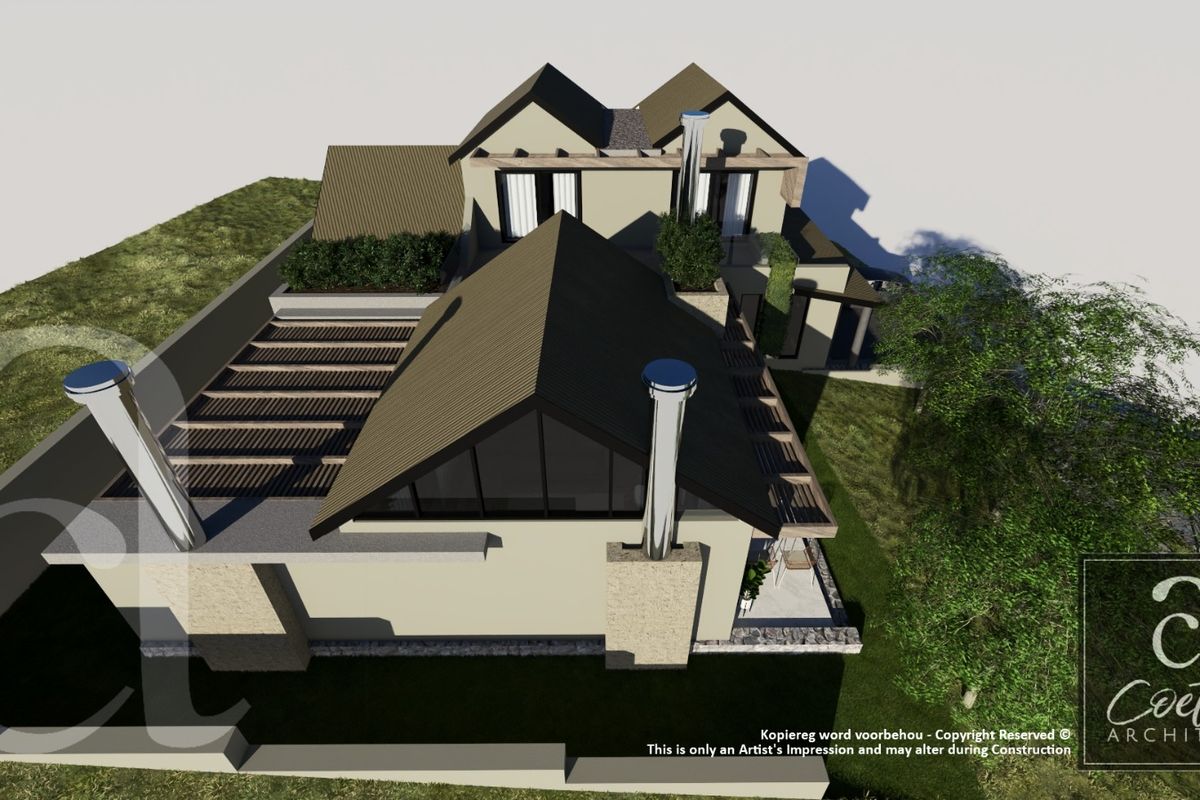 Architectural 3D render showing an aerial perspective of the proposed house design featuring pitched roofs, chimney flues, and outdoor pergola structures.