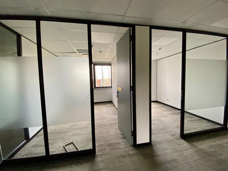 Empty commercial office space featuring modern black-framed glass partitioning, suspended ceilings, and neutral carpet flooring, offering a clean and professional work environment.