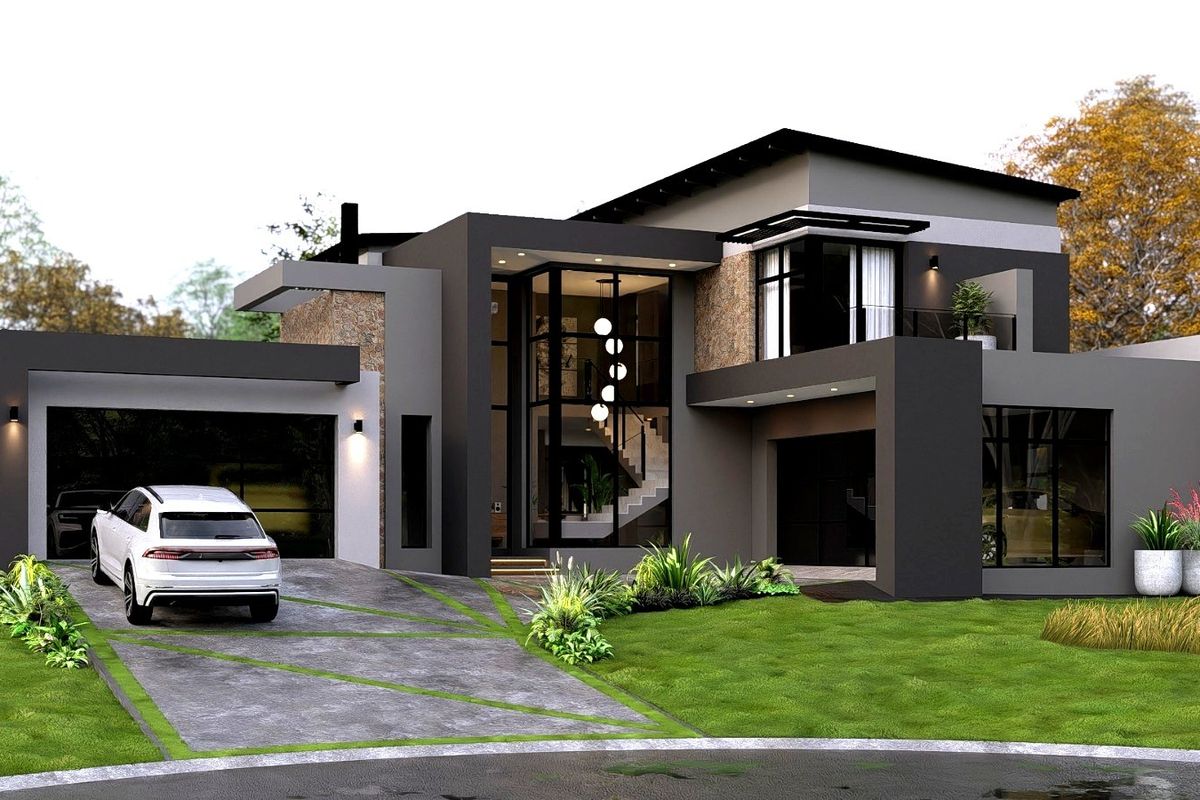 Modern double-story architectural home featuring a striking glass facade, stone cladding, and a spacious paved driveway with integrated double garage.