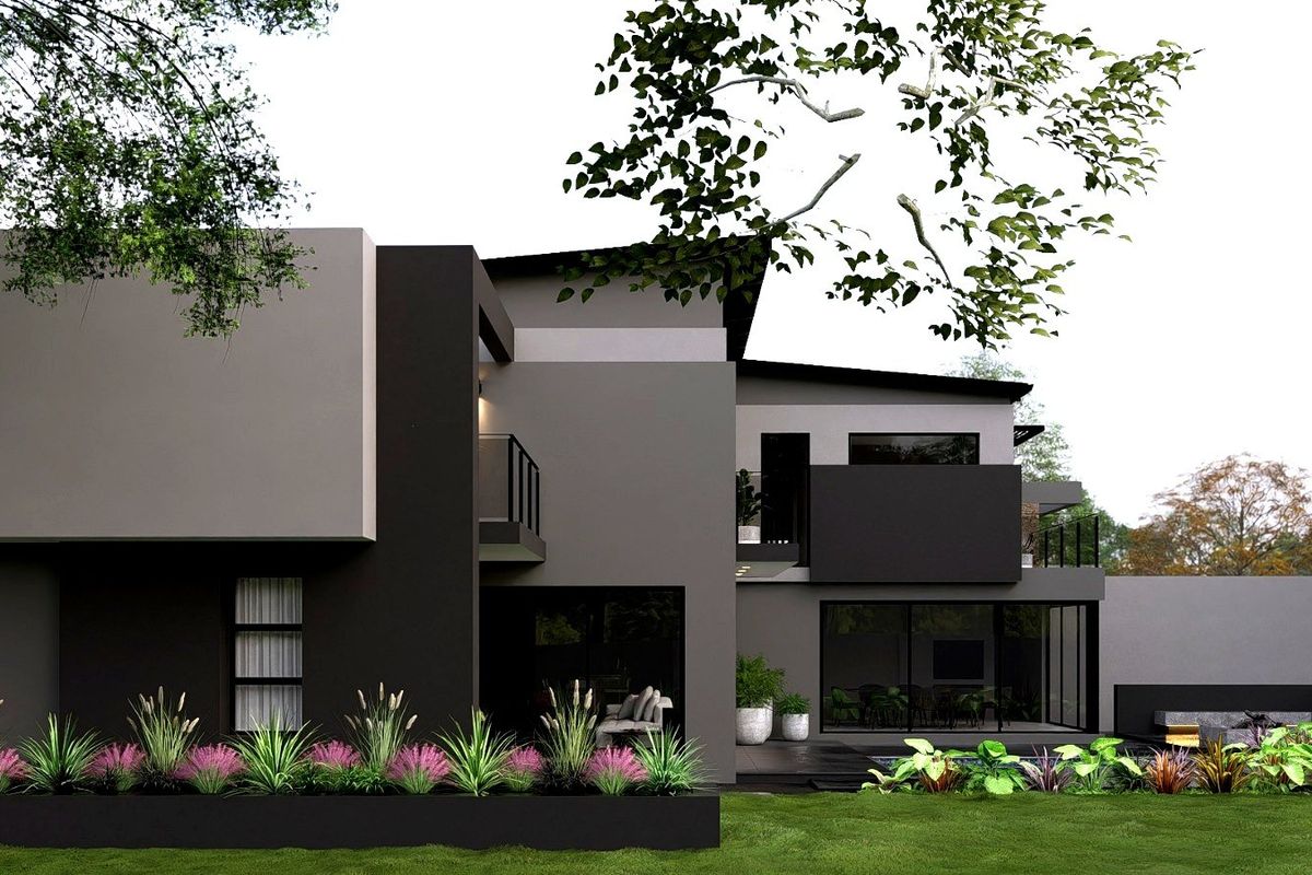 A modern architectural rear elevation featuring clean lines, dark exterior finishes, balconies, and a well-maintained landscaped garden.