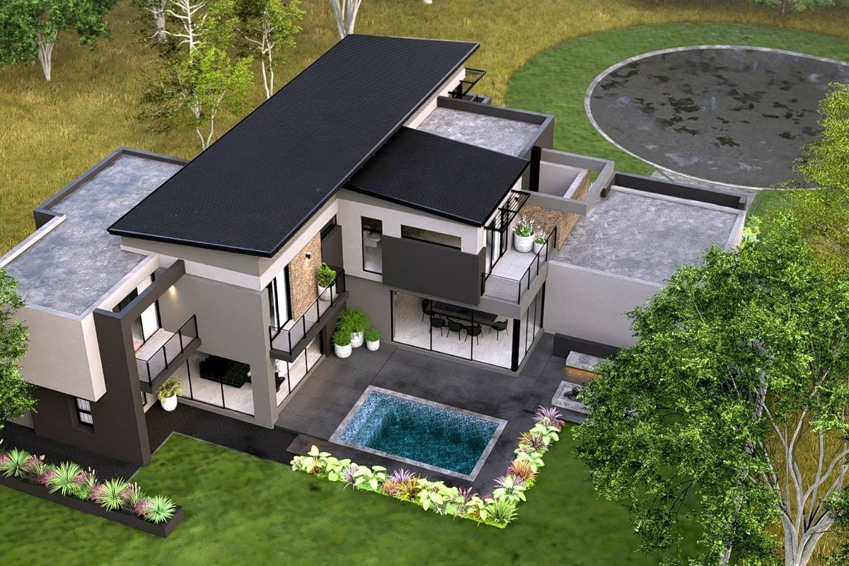 Aerial view of a modern contemporary house featuring a swimming pool, paved patio area, and multiple balconies.