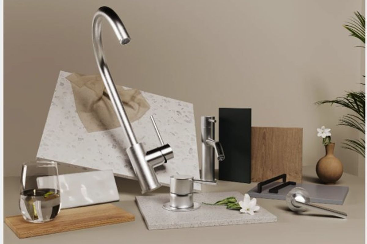 A collection of architectural material samples and modern plumbing fixtures, including a kitchen faucet and basin mixer, displayed for design selection.