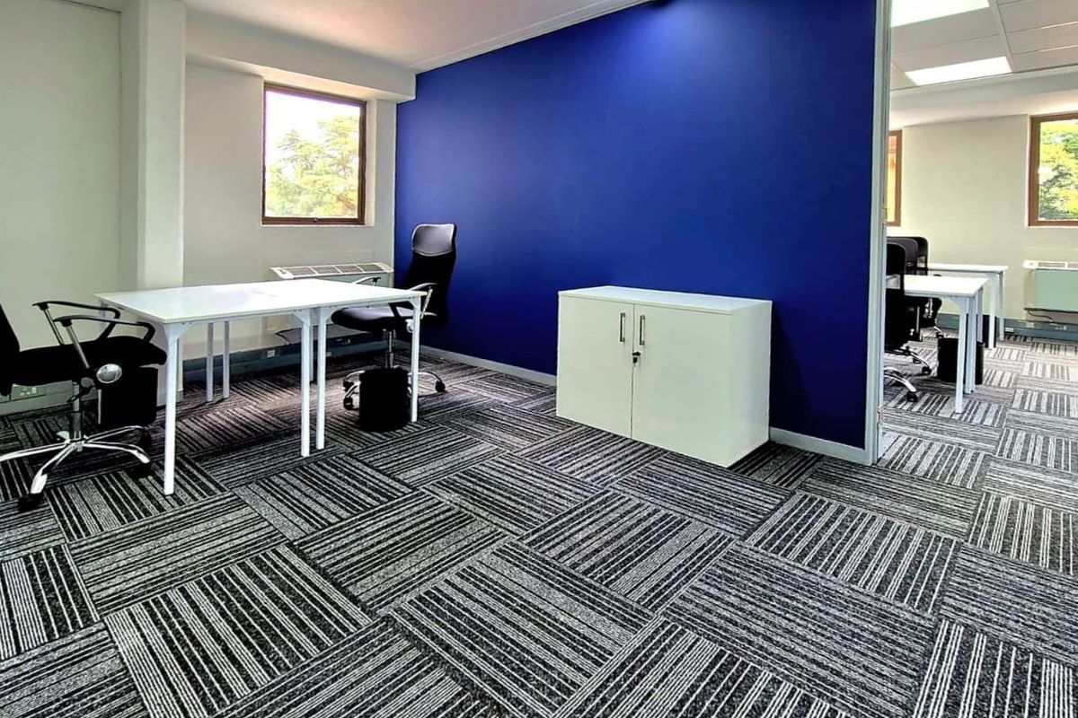 Modern commercial office space featuring patterned carpet tiles, a bold blue accent wall, and recessed ceiling lighting with glass partition access.