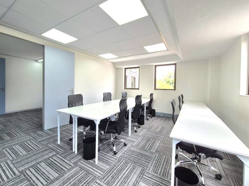 A functional commercial office space featuring a suspended ceiling with recessed lighting, carpeted flooring, and large windows providing natural light.