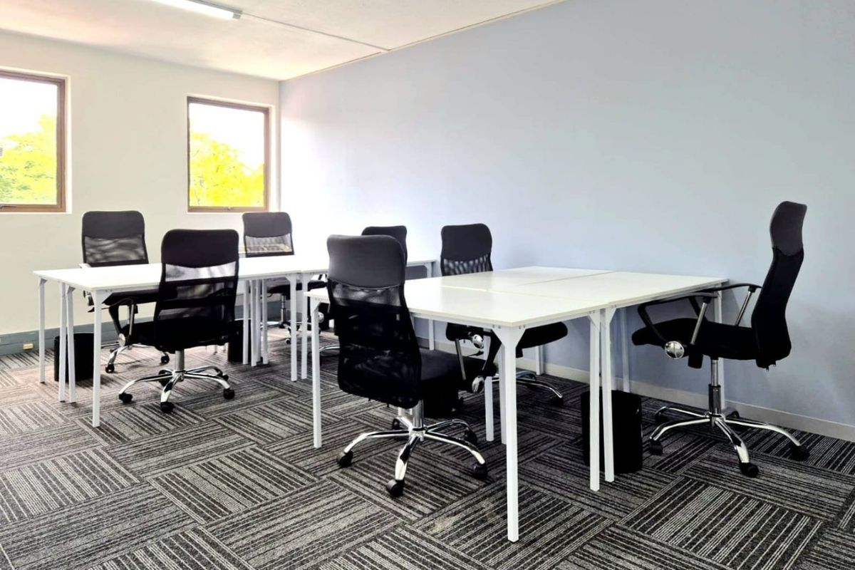 A functional commercial office space featuring carpeted flooring, large windows for natural light, and overhead fluorescent lighting.