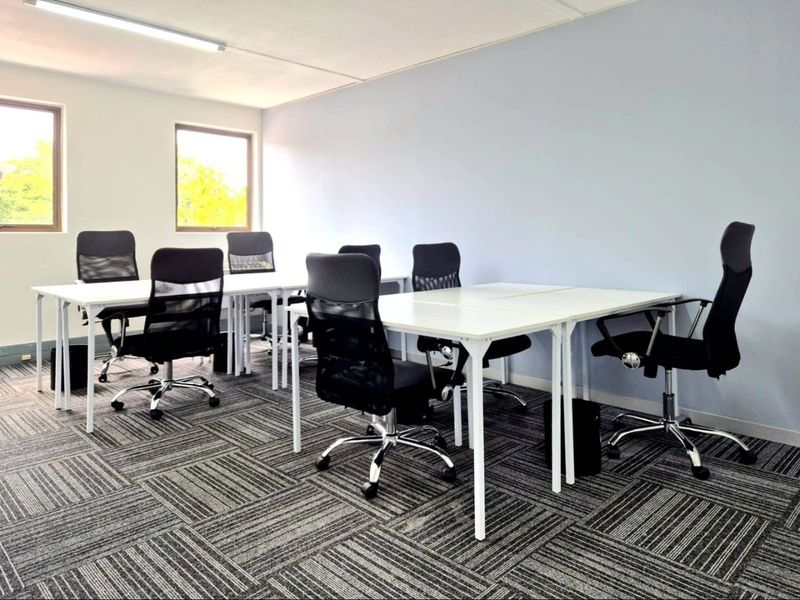 A functional commercial office space featuring carpeted flooring, large windows for natural light, and overhead fluorescent lighting.