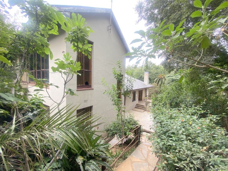 A view of the rear exterior elevation of the house, featuring stone pathways, mature garden landscaping, and a multi-level building structure.