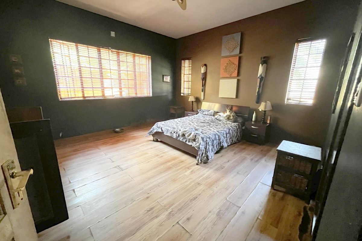 Spacious bedroom featuring wood-look flooring, ceiling fan, and large windows with fitted blinds, offering a warm and comfortable atmosphere.