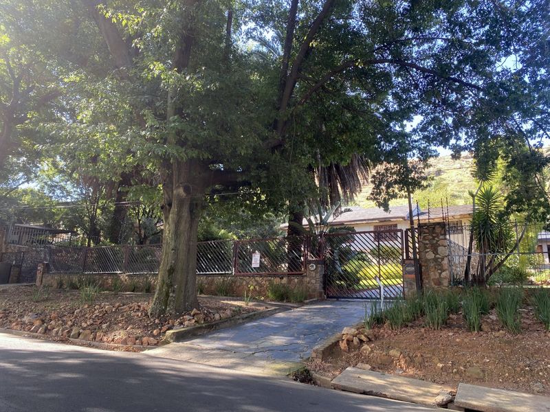 Street view of the property featuring a stone boundary wall, metal fencing, mature trees, and a paved driveway entrance.