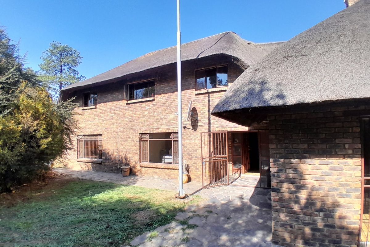 Rear view of a traditional face brick house featuring a thatched roof, stone paved patio area, and security gates.