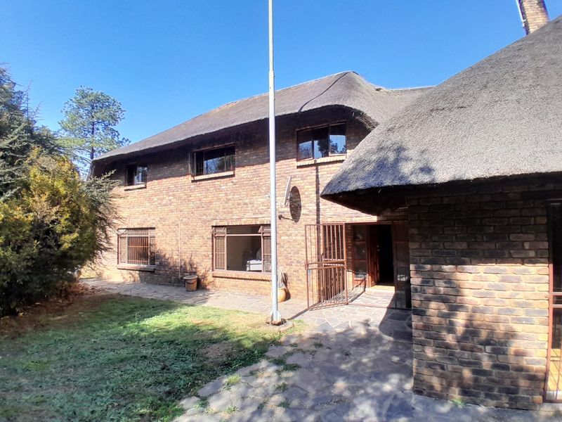 Rear view of a traditional face brick house featuring a thatched roof, stone paved patio area, and security gates.