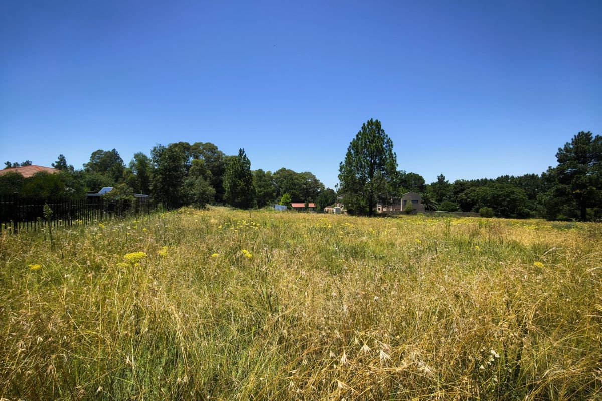 A large, undeveloped plot of land featuring tall, overgrown grass and mature trees, enclosed by perimeter fencing.