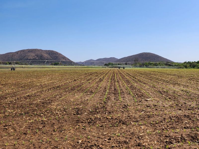 Expansive agricultural farmland featuring a center pivot irrigation system set against a scenic mountain backdrop.